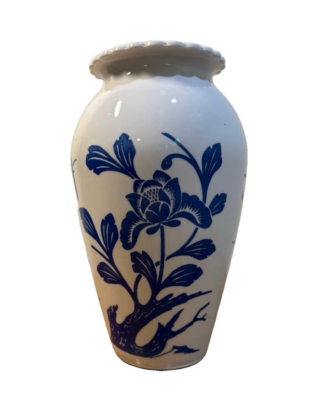 Vintage 1940s Blue Bird on Cherry Blossom Branches Anchor Hocking Milk Glass 9”
